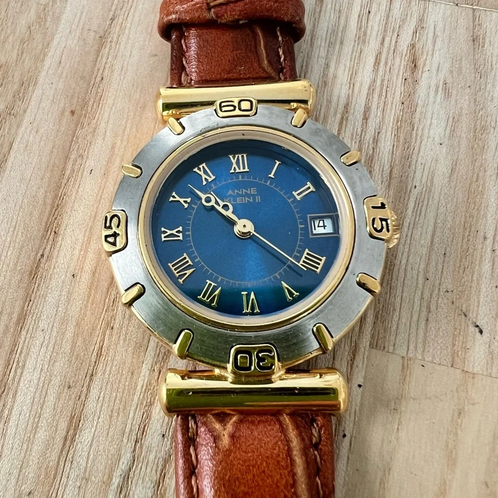 Anne Klein II ladies blue dial two tone brown leather watch NEW BATTERY